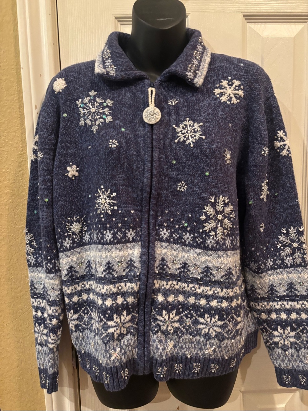 Tiara International Christmas 2004 collections  Navy Snowflake Zip-Front sweater